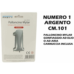 Palloncino Mylar Cm.101 Numero 1 Argento en oferta