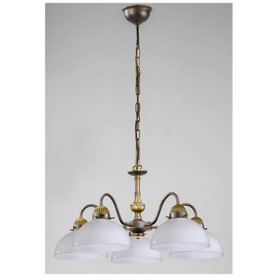 Lampadario A 5 Bracci In Vetro Stile Cottage In Ottone Antico Opaco, 5x E27