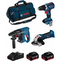 BOSCH Kit 18V BK306BAG (GSR 18V-60 C + GWS 18-125 V-LI + GBH 18V-21 + 2 x 4,0 Ah + GAL18V-40 + Borsa) en oferta