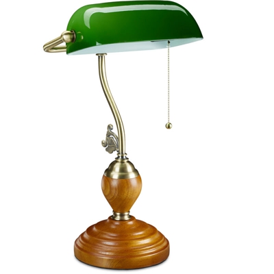Lampada Ministeriale con Catena, Paralume in Vetro Inclinabile, Base in Legno, Vintage, E27, Scrivania, Verde