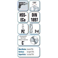 Alpen 92100350100 HSS-E Punta a spirale per metallo 3.5 mm Lunghezza totale 52 mm Cobalto DIN 1897 Alberino cilindrico características