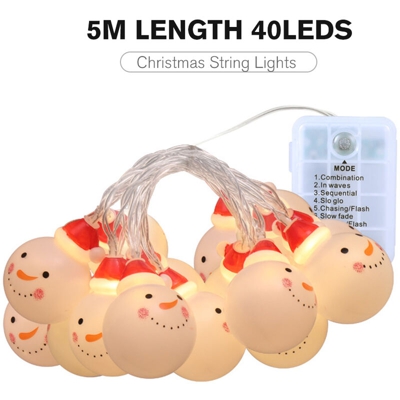 Natale pupazzo di neve LED stringa luci 5 metri di lunghezza / 40 LED / modalita lampeggiante / luce bianca calda spedita senza batteria