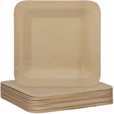 Piatti in Bambù, Set da 25 Stoviglie Usa e Getta, 25,5 x 25,5 cm, Quadrati, Monouso, Compostabili, naturale