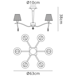 Soffitto Semifilo Tondo 6 Luci E14, Cromo Lucido Con Paralumi Neri E Cristallo Nero características