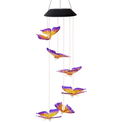 Sfera di particelle di luce solare a LED | farfalla dipinta di viola e gialla, 6 perle della lampada che cambiano colore - farfalla dipinta di viola