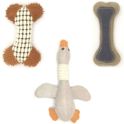 Confezione di 3 peluche per cani. Confezione da 3 giocattoli per divertirsi, giocare e masticare. Adatto a piccoli, medi e grandi animali domestici.