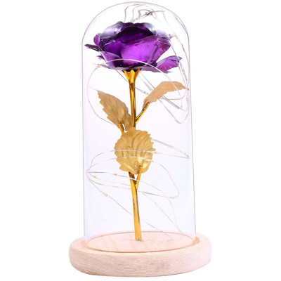 Decorazione floreale con rose in foglia d'oro con coperchio in vetro, custodia per batteria + funzione singola a luce costante, viola