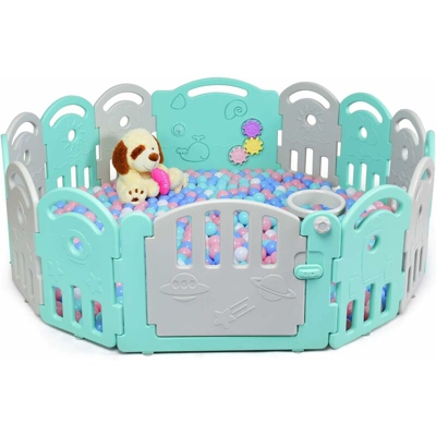 Box per Bambini 14 Pannelli Barriera di Sicurezza da Gioco, Centro Attivita Bimbi, con Canestro da Basket e Musica, per Interno e Esterno, in HDPE