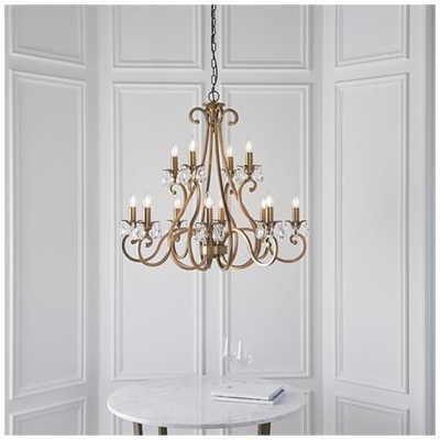 Lampadario A 12 Luci Con Finitura In Ottone Anticato, Attacco E14