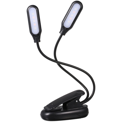 Lampada da scrivania bipolare a 10 LED a emissione di luce con morsetto, alimentata a batteria, porta di ricarica USB plug-in nera