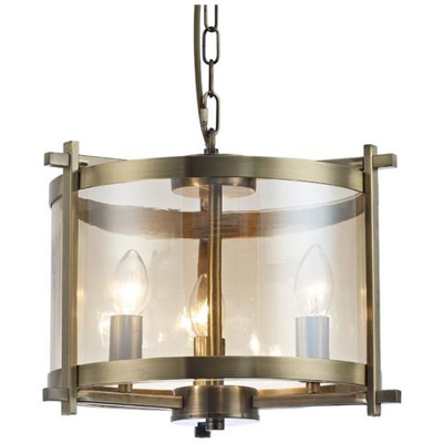 Sospensione Cilindrica A Soffitto 3 Luci E14 Ottone Antico, Vetro Ambra