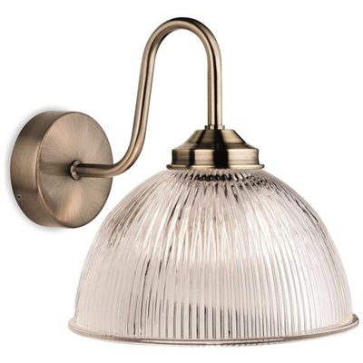 Applique A 1 Luce In Ottone Antico Con Vetro Rigato Trasparente, E14