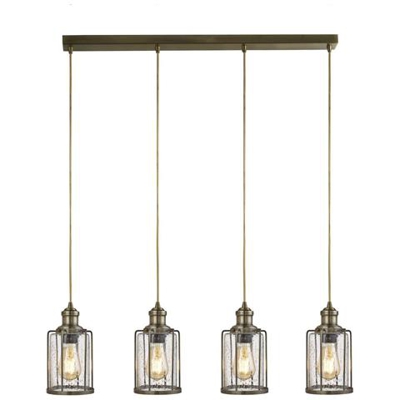 Lampada A Sospensione A 4 Barre In Ottone Antico, Paralume In Vetro, Attacco E27