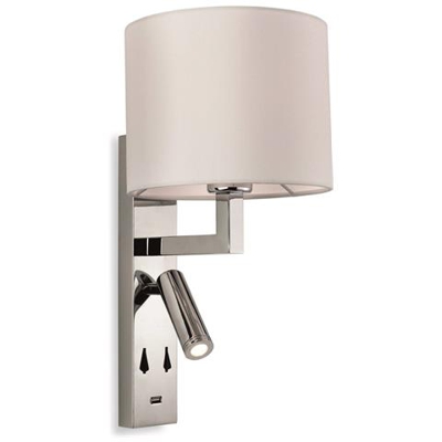 Applique Da Parete Per Interni A 1 Luce, Porta Usb Cromata, Paralume Crema, E27