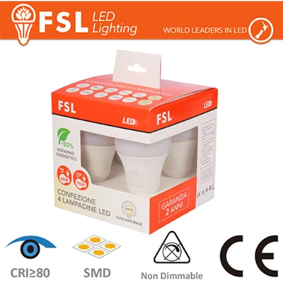 FSL - kit 4 lampadine led goccia 220-240 volt A+ CE E27 bianco caldo no lif fl4p129w3k