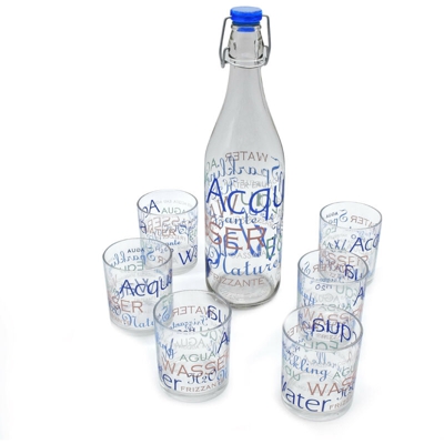 Takestop - Set Bottiglia e Bicchieri in Vetro Trasparente con Scritte 7 Pezzi 1 L