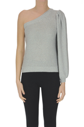Metallic effect knit one-shoulder pullover en oferta