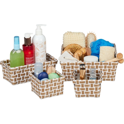 Cestini Bagno Portaoggetti, Set 4 Organizer Universali Design Intrecciato, Box Salvaspazio, Bianco Marrone