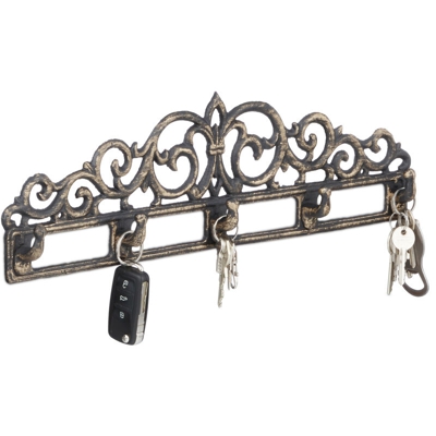 Appendiabiti da parete porta-chiavi in Ghisa, 5 Ganci, Stile Antico, Rustico, HxLxP: 17x35x3,4 cm bronzo