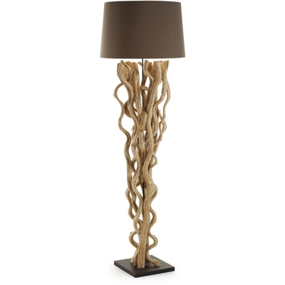 Kave Home - Lampada da terra Nuba in legno riciclato con paralume in cotone marrone - Natural