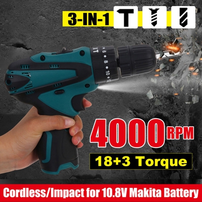 Trapano a percussione elettrico a batteria 3-in-1 5000 RPM 18 + 3 cacciavite dinamometrico per batteria Makita BL1013 BL1014 da 10,8 V con luce di