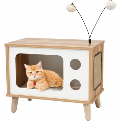 Costway - Casetta a Forma di TV per Gatti, Lettiera per Gatti con Tiragraffi, Cuccia per Gatti con 4 Solide Gambe di Legno per Salone/Camera da