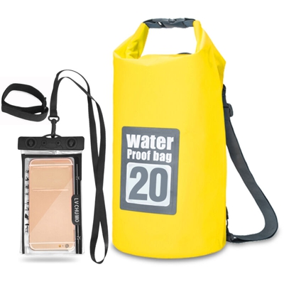 Borsa impermeabile per cellulare, nera + borsa impermeabile a tracolla portatile, gialla, 20L