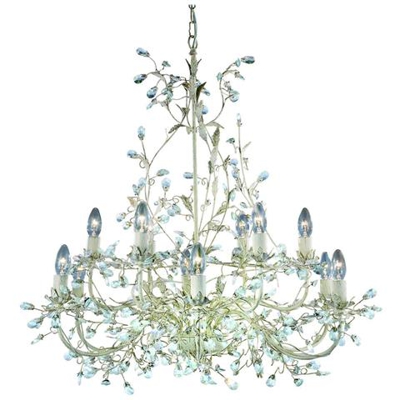 Pendente Da Soffitto A 12 Luci Multibraccio Oro, Crema Con Cristalli, Motivo Floreale A Foglie, E14