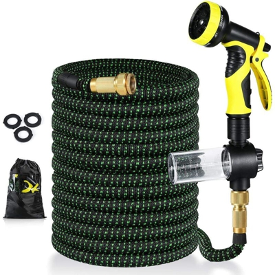Tubo da giardino allungabile 15 m/50 ft con connettore in ottone massiccio, ugello a spruzzo Triple Latex Core a 9 modalità, forte e flessibile per