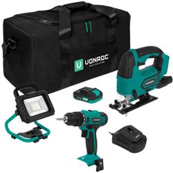 VONROC Set attrezzi a batteria VPower 20V. Include trapano a batteria, seghetto alternativo, lampada da lavoro, 1x batteria 2.0Ah, caricatore rapido características