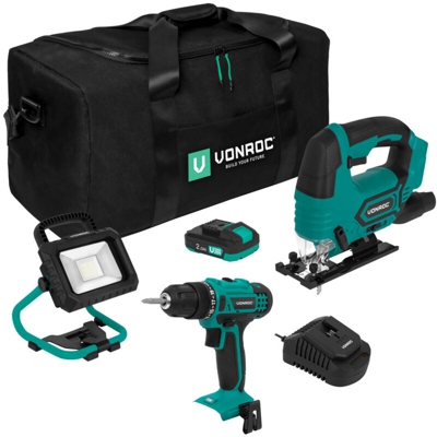 VONROC Set attrezzi a batteria VPower 20V. Include trapano a batteria, seghetto alternativo, lampada da lavoro, 1x batteria 2.0Ah, caricatore rapido