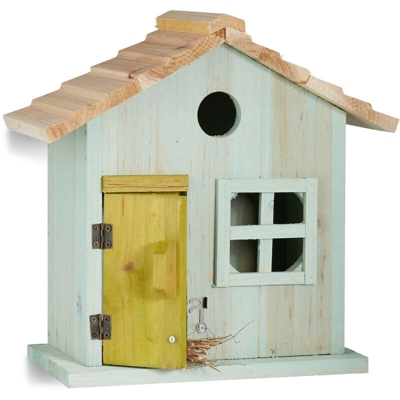 Nido artificiale casetta uccellini porta finestra legno piccola apertura HLP: 25,5 x 15,8 x 13 cm celeste