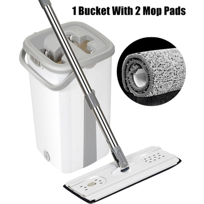 Insma - Mop scopa per scopa bagnato / asciutto a doppio uso per la pulizia del piatto ruotabile a 360 ° + secchio bianco + 2 pezzi di tamponi in