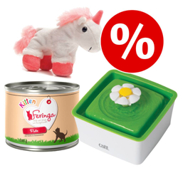 Welcome Kit Kitten Umido Feringa + Gioco Aumüller + Fontanella Catit - 6 x 200 g Umido + Gioco Unicorno + Fontanella características