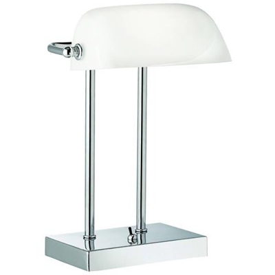 Lampada Da Tavolo Banker Regolabile Con 1 Luce Paralume In Vetro Bianco Cromato, E14