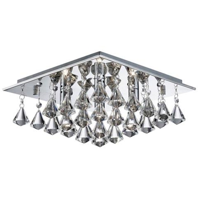 Plafoniera Quadrata A 4 Luci Semi-incasso Cromata Con Cristalli Piramidali, G9