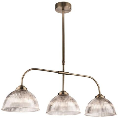 Sospensione A Soffitto A 3 Barre Luminose In Ottone Antico Con Vetro Rigato Trasparente, E14
