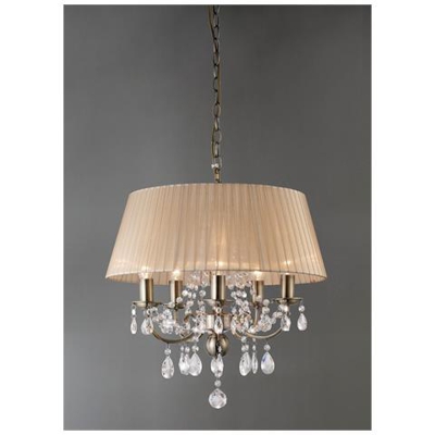 Sospensione A Soffitto Con Paralume In Bronzo Morbido A 5 Luci In Ottone Antico, Cristallo