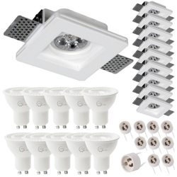 10 x Portafaretti Quadrati in Gesso 100x100x27mm + 10 x Lampadine GU10 7w 700lm 38 gradi + 10 x Portalampada - Asia Led - Luce Fredda 6000k en oferta
