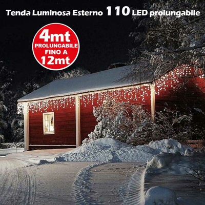 Tenda Luminosa Natale 110 LED Flash Esterno Prolungabile Fino 12MT Bianco Freddo