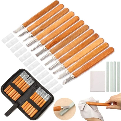12 Pcs Kit di strumenti per intaglio del legno, Sgorbie per Legno con Whetstone e Borsa Portaoggetti, Scalpello set, Coltello da Intaglio a Mano per