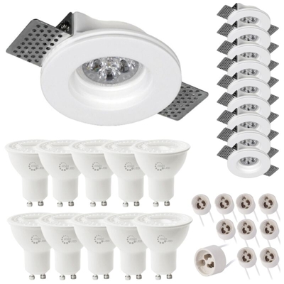 10 x Portafaretti Tondi in Gesso 100 x 24mm + 10 x Lampadine GU10 7w 700lm 38 gradi + 10 x Portalampada - Asia Led - Luce Calda 3000k