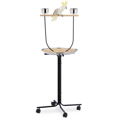 Trespolo per Pappagalli Grandi, XL, Posatoio, Asta, 2 Mangiatoie, Vaschetta, con Rotelle, Metallo, nero