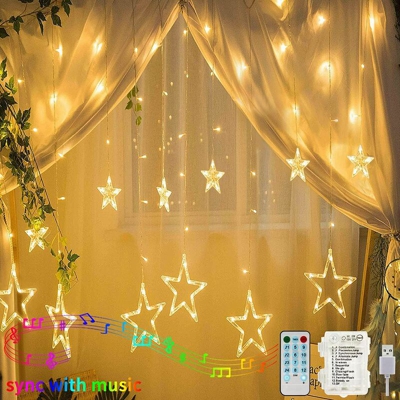 138 LED Tenda Stelle Luci Stelline, Finestra Fiabesca Luminosa Stelle Luci Natale con Funzione di Ritmo Musicale, Telecomando per