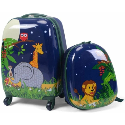 Costway - 2 Pezzi Valigia per Bambini con Maniglia Retrattile + Zaino Bagaglio a Mano, con Ruote Girevoli a 360 ° (Giungla)