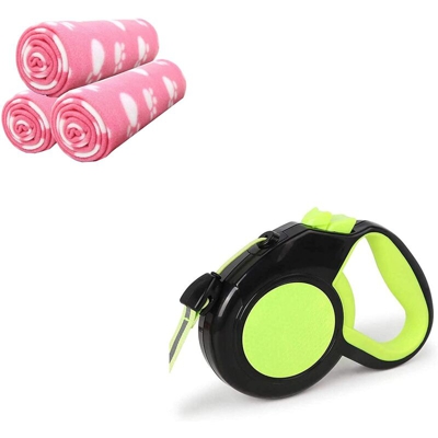 Confezione di guinzaglio per animali + 3 unità di coperte. Pacchetto di 3 coperte marrone, rosa e nero + guinzaglio per cani di colore assortito per