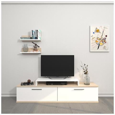 Mobile Porta Tv Norma - Con Ante, Ripiani, Mensole - Da Salotto - Bianco, Sonoma In Legno, 150 X 30 X 39,5 Cm