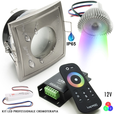 Kit 2pz faretti led incasso quadrato cromoterapia box doccia IP65 RGB RF 12V