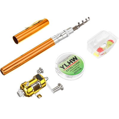 4 pezzi 20 cm portatile mini penna telescopica tascabile pesce canna da pesca in lega di alluminio + mulinello + linea + accessori gancio (oro, con