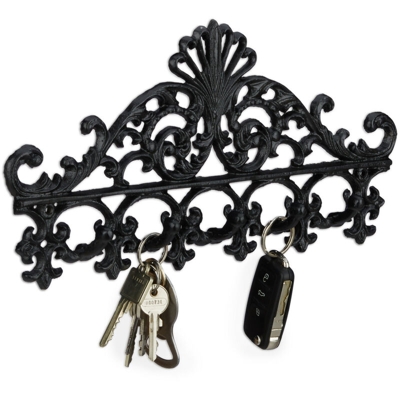 Appendiabiti e Porta-Chiavi in Ghisa, 5 Ganci, Stile Antico, Rustico, HxLxP: 17x35x3,5 cm, Nero